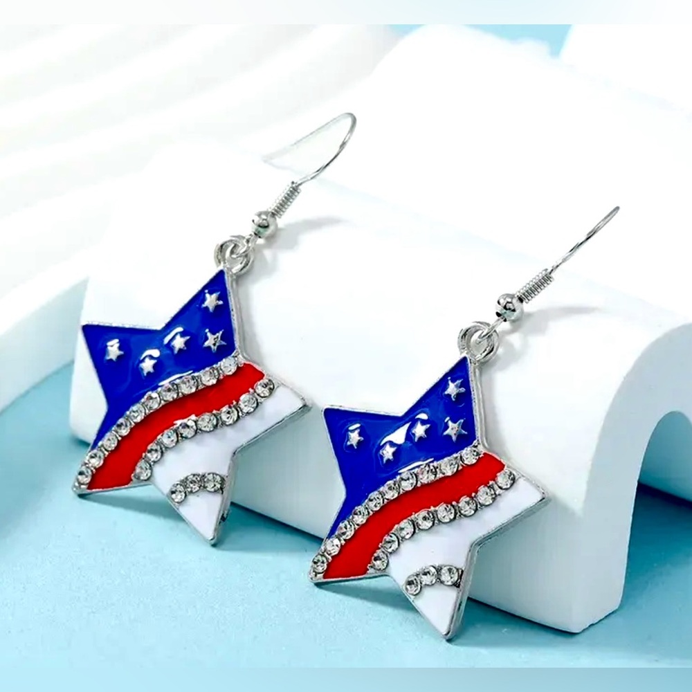 Star-Shaped Silver Earrings with Red, Blue, and White Accents